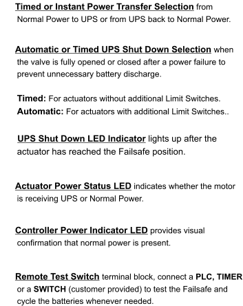 Timed or Instant Power Transfer Selection from Normal Power to UPS or from UPS back to Normal Power.   Automatic or Timed UPS Shut Down Selection when the valve is fully opened or closed after a power failure to prevent unnecessary battery discharge.   	Timed: For actuators without additional Limit Switches.	   	Automatic: For actuators with additional Limit Switches..    UPS Shut Down LED Indicator lights up after the actuator has reached the Failsafe position.   Actuator Power Status LED indicates whether the motor is receiving UPS or Normal Power.   Controller Power Indicator LED provides visual confirmation that normal power is present.    Remote Test Switch terminal block, connect a PLC, TIMER or a SWITCH (customer provided) to test the Failsafe and cycle the batteries whenever needed.
